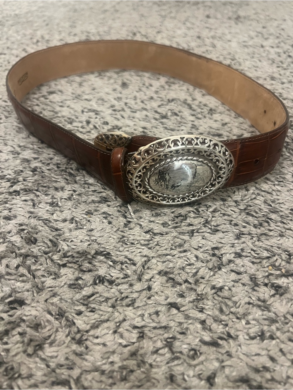 Brighton Vintage Croc-Embossed Leather Belt with Silver-Tone Oval Buckle
